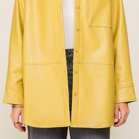 LUMIERE Mustard Faux Leather Shacket, Oversized Button Down Jacket Top - Picture 5 of 7